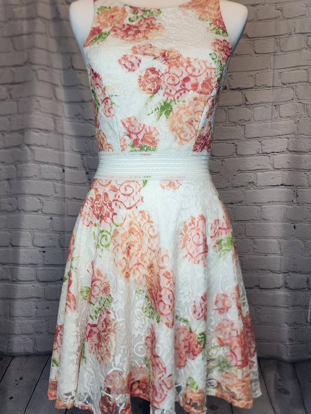 City Triangles White Lace Midi Dress with Peach Floral Print